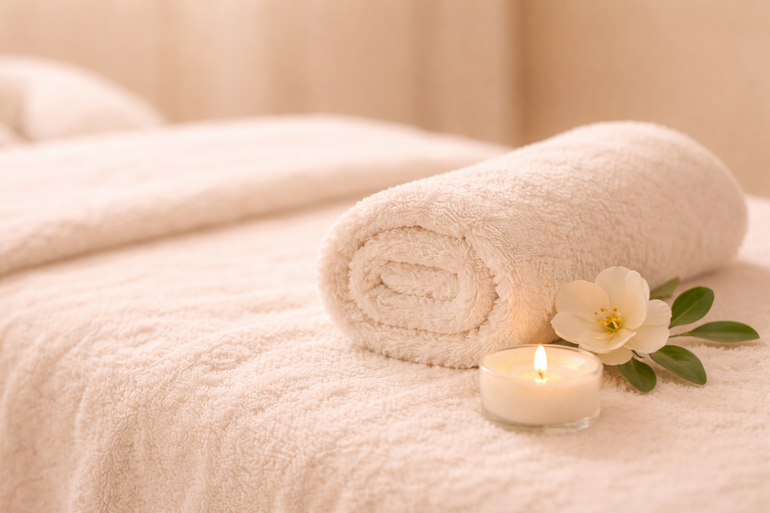 Soft towels and candle detail at Halo Glow